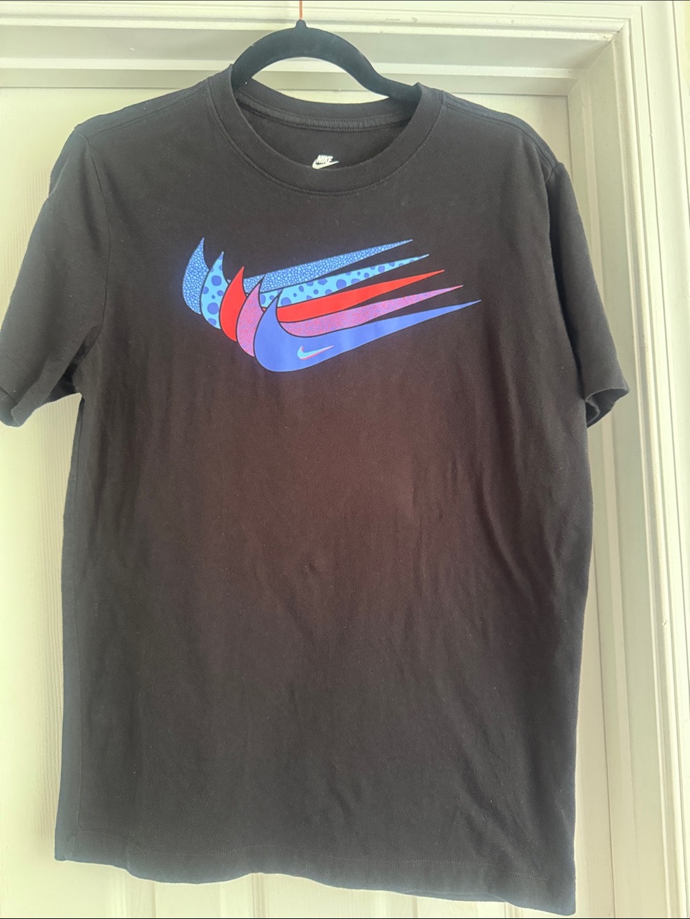 Nike Black Short Sleeve Tee with Blue and Red Multi-Swoosh Graphic